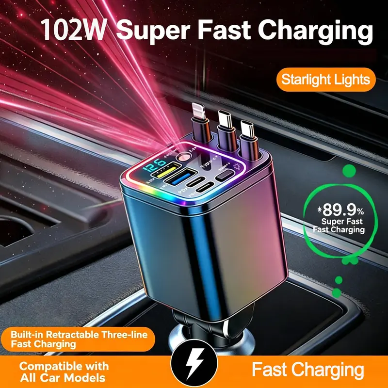 120W Max Compact 7-in-1 Retractable Car Charger - Car Accessories, Auto Accessories Interior, Fast Charging Station with 3 Cables, LED Display, Universal Solution | Road Trip Outdoor Gadget, Father’s Day Gift
