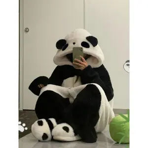 Hooded Panda Pajama Women's Autumn and Winter Coral Velvet, Robe Thickened with Velvet Home Clothes Hit Dress