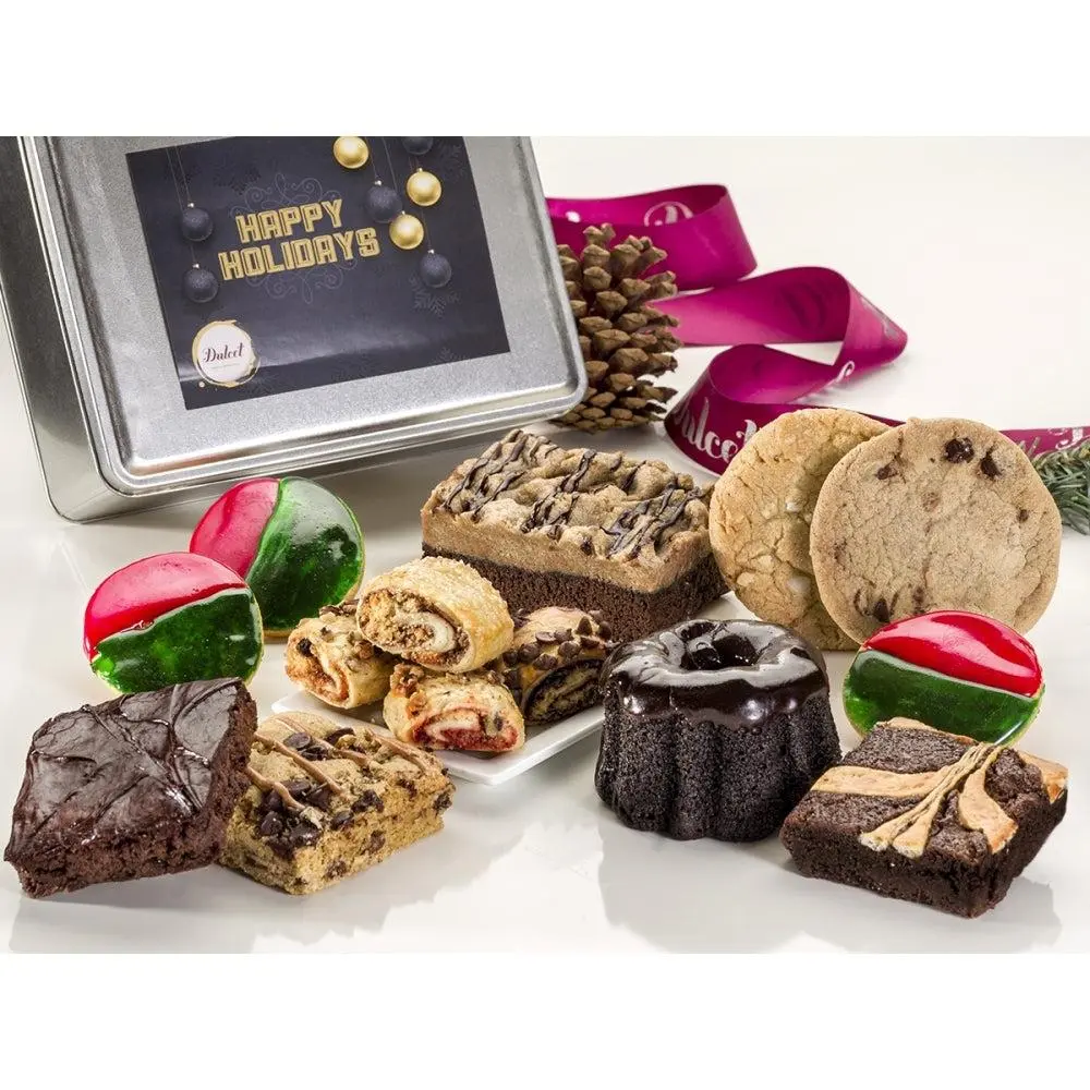 Dulcet gift basket Happy Holidays Cookie and Brownie Gift Tin with Chocolate Lava Bundts and Rugelach - Snack