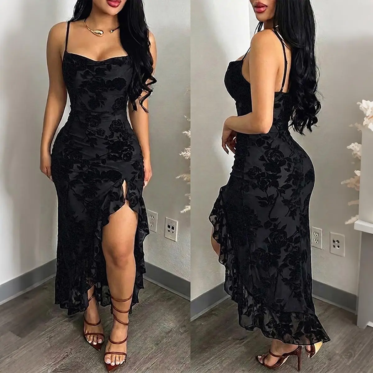 CHICME Women's Vintage Floral Cowl Neck Maxi Dress with Adjustable Straps, Formal Cocktail Gown in Sheer Flocking Fabric with High Slit, Going Out Women's Clothing, Evening, Ruffled