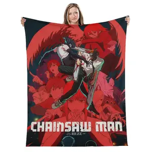"Chainsaw Man Reze Arc Flannel Blanket - Dynamic blanket with intense anime action scenes and bold 'Chainsaw Man' branding. Perfect for fans, ideal for cozying up with thrilling manga vibes. Soft and stylish, a must-have for Chainsaw Man enthusiasts bed