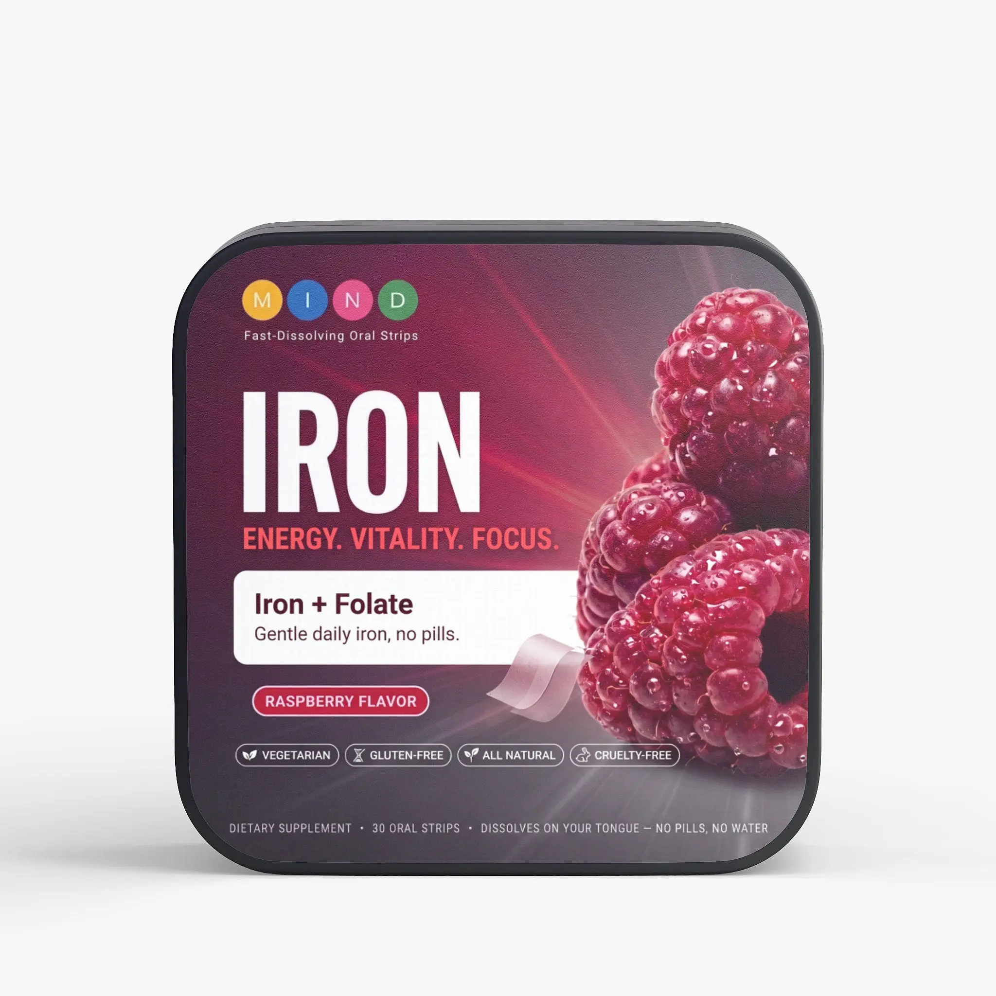 MindStrips Iron Strips, Raspberry Flavor, 30 Fast-Dissolving Oral Strips, Iron + Folate, Everyday Energy, Vegetarian, Gluten-Free, All Natural, No Pills, No Water