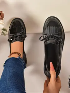 Women's Fashionable Bowknot Decor Lace Up PU Leather Loafers, Bowknot Design Shoes, Casual Comfortable Flat Shoes for Daily Wear, Female All-match Round Toe Shoes for Daily Wear