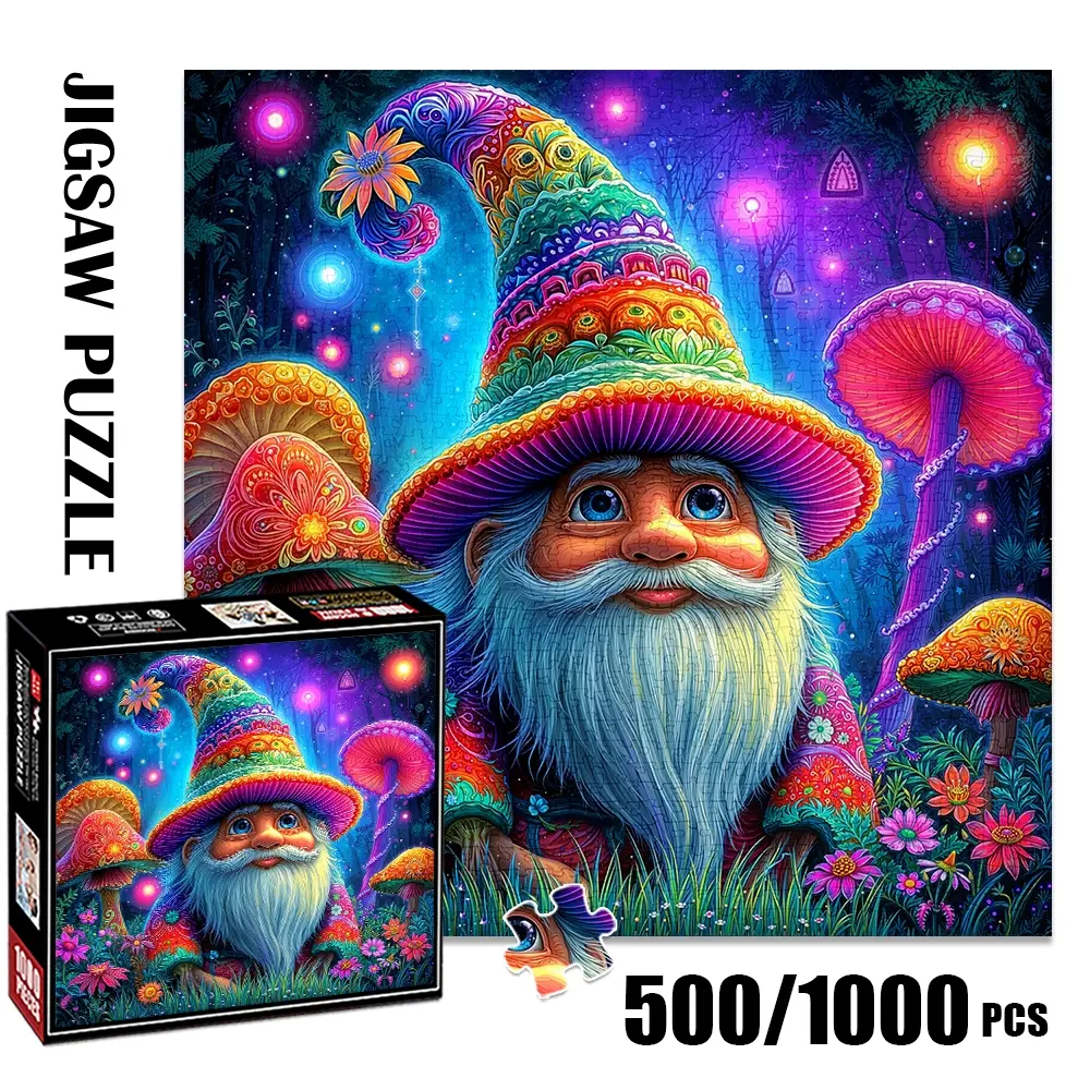 1pc 1000 piece adult puzzle 58x58cm Colorful Gnome in Enchanted Mushroom Forest 500 pieces of paper puzzle, suitable for adults and families, large-scale DIY puzzle interactive toy games, birthday Jigsaw Puzzle
