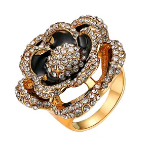 OIDEA Women's Gold-Tone Rhinestone Rose Flower Statement Ring - Antique, Jeweled Gold, Metallic Detailing, Flower Cluster, Girlyish Costume Jewelry Band, Antique Rings, Jeweled Gold Rings