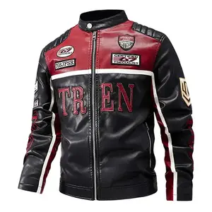 Men’s color-blocked bicycle leather jacket — American racing style, multi-badge embroidered streetwear, cool baseball-collar jacket GARMENTARY