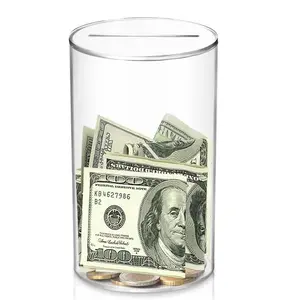 Clear Acrylic Transparent Cylindrical Decorative Piggy Bank - Money Saving Coin Jar, Builds Financial Discipline - for Office & Home Decor & Ornaments