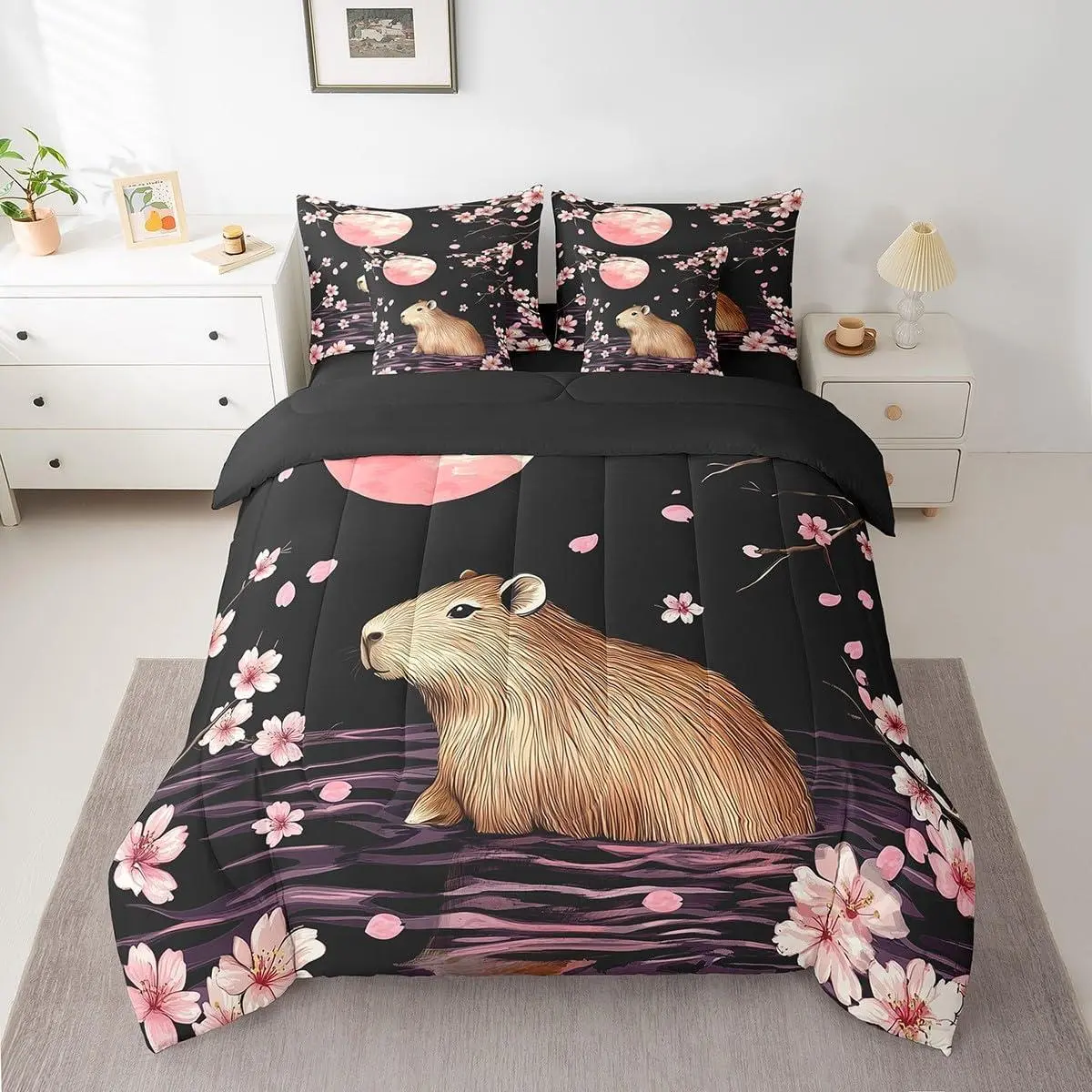 Japanese Cherry Blossom Capybara 7 Piece Bedding Set ,Pink Sakura Floral Moon Comforter Set with Sheets,Kids Boys Girls Bedroom Room Decor,Cute Capybara Bed in a Bag,Soft Bed Set