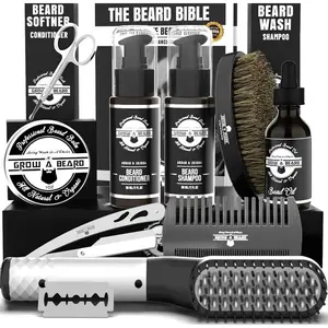 Beard Straightener Grooming Kit for Men With Wash Brush Comb Growth Oil Sandalwood Balm Conditioner Razor and Scissors