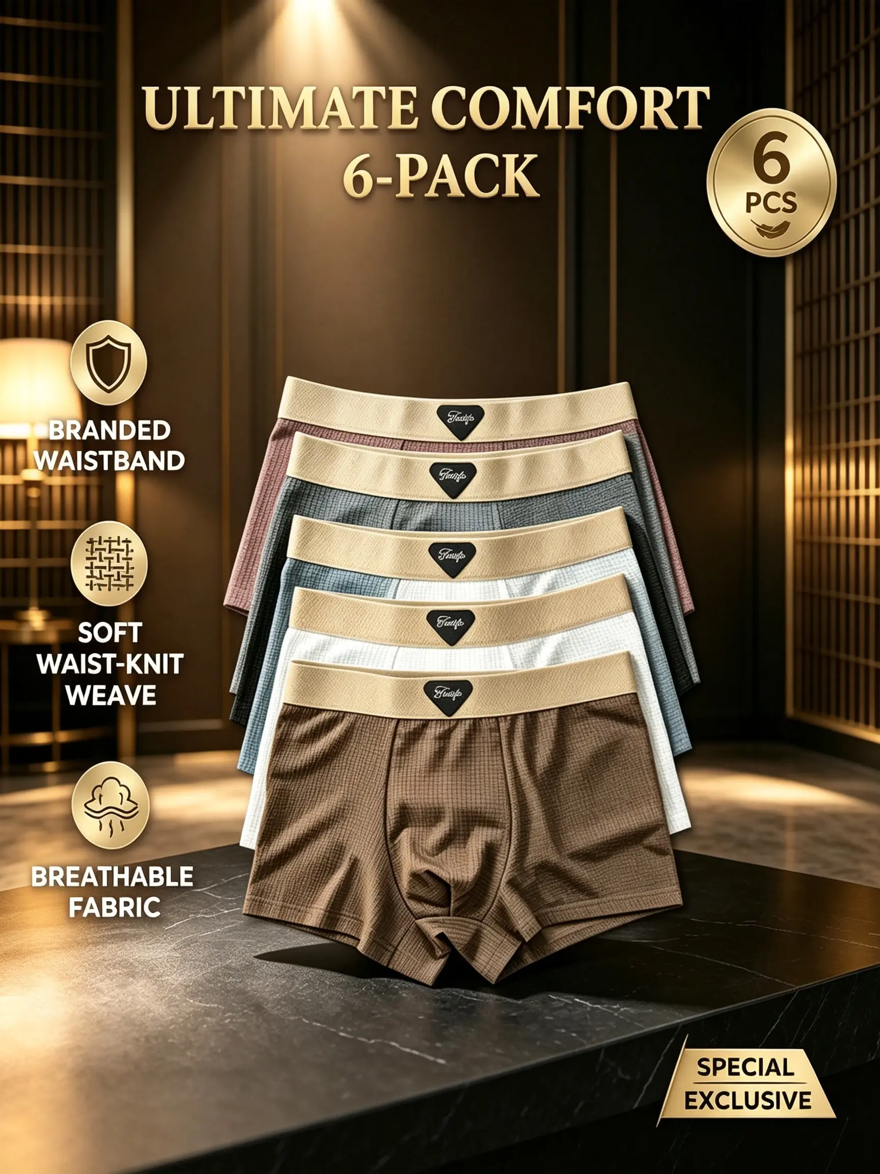 Men's Waffle Knit Boxer Briefs 6-Pack Set, Ultra Soft Stretch Male Underwear with No-Roll Waistband, Breathable for Sports & Casual Wear, Xxl, Breathable Undergarments, Boxers, Houndstooth, Activewear Men's Sports Underwear