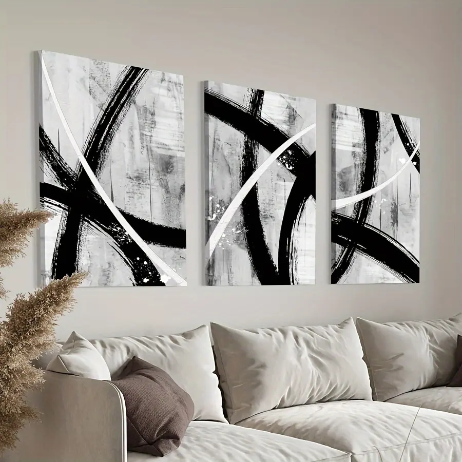 3pcs Framed Pine Wood Black White Abstract Lines Triptych Set Canvas Print Wall Decor, 2D Flat Home Decoration Clearance Item, Luxury Living Room Accessory, Halloween Ready Gift, Kid Room Decor