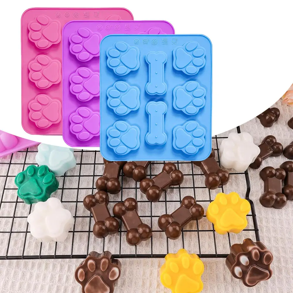 Pet Themed Silicone Baking Molds Paw Dog Bone Shapes Cookies And Treats Non-Stick Reusable Set Especially Suitable For Dog Lovers Kitchen Dining Essentials For Holiday Baking Christmas Halloween Mixed Colors