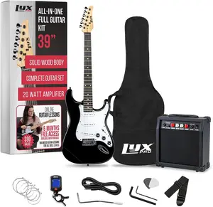 LyxPro Electric Guitar 39" inch Complete Beginner Starter kit Full Size with 20w Amp, Package Includes All Accessories, Digital Tuner, Strings, Picks, Tremolo Bar, Shoulder Strap, and Case Bag - Black