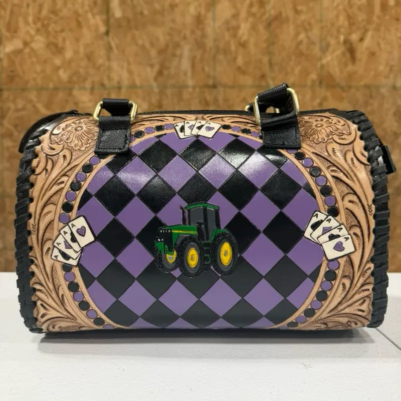 Genuine Hand-Painted & Tooled Leather Medium Speedy Bag - Purple and Black Checkered Design with Tractor Motif