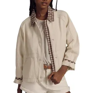 ASPOP Women's denim jacket with loose plaid lapel and snap button design. Women's snap button denim jacket with loose plaid lapel and cuffs. Fashion denim jacket with pockets for spring and autumn.