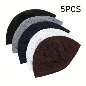 5pcs Stylish Kufi Caps for Ramadan - Lightweight, Knit Polyester Prayer Caps in Black, White, Gray, and Brown - Perfect for Muslim Men, Casual Attire, and Festive Occasions, Festive Headgear | Stylish Kufi Cap | Lightweight Cap Islamic Modesty