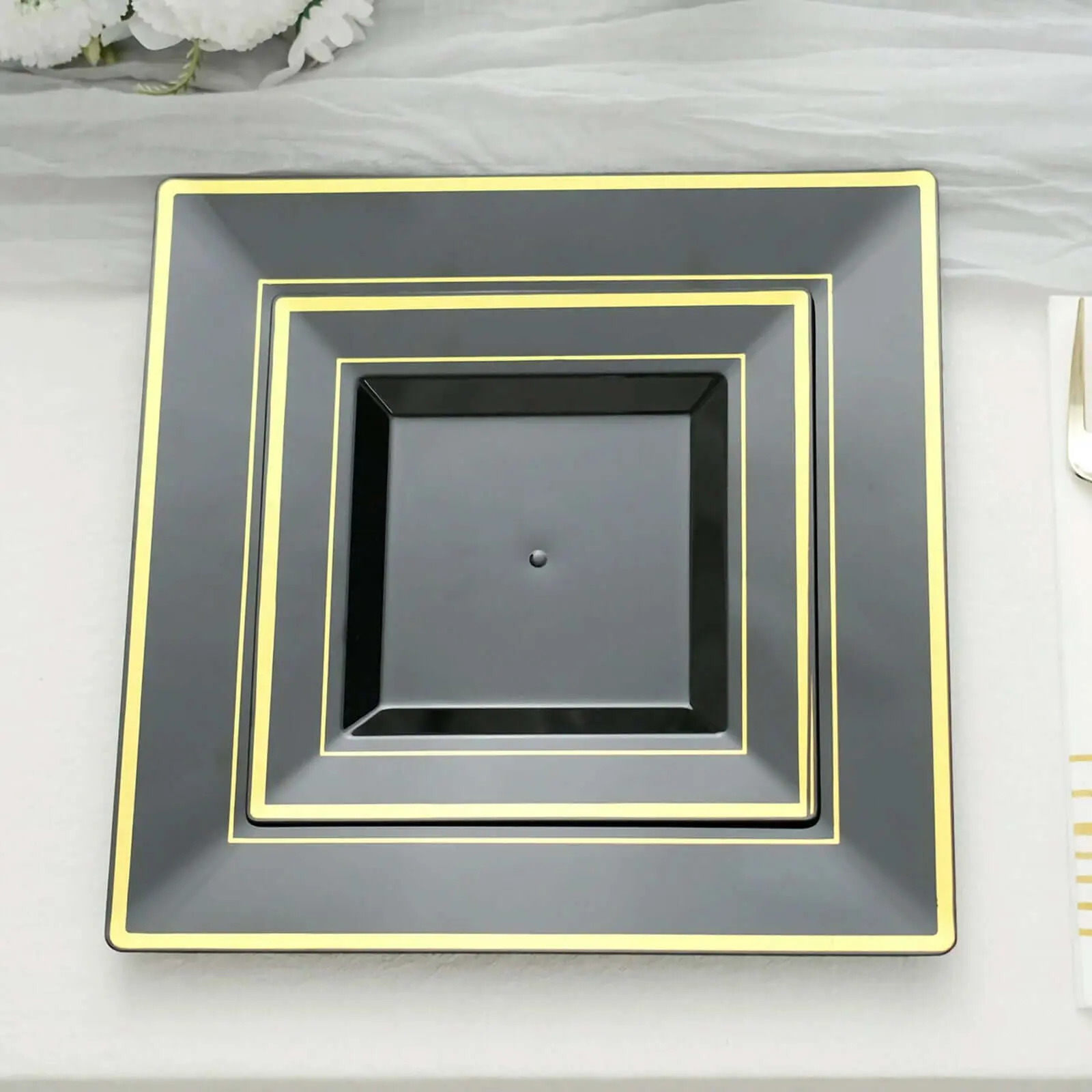 10-Pack Elegant Plastic Salad Dessert Plates, 7" Black Square with Gold Trim - Disposable Plates for Parties, Weddings, Disposable Products, Elegant Plastic Plates