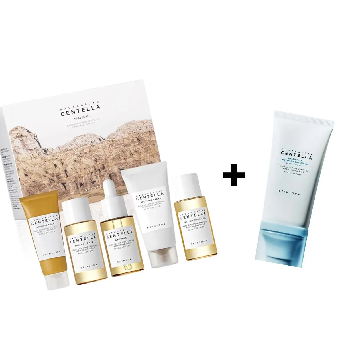 SKIN1004 Madagascar Centella Skincare Set – 5-Piece Travel Kit + Hyalu-Cica Sun Serum 50ml -  Hyaluronic Ampoule Moisturize Calming
