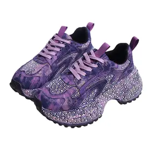 2026 Spring New Women's Rhinestone Denim Chunky Dad Trainer Shoes - Platform Wedge Sports Shoes, Height-Increasing Comfy Unisex Casual Sneakers with Pockets, Ribbed Design for Summervibes