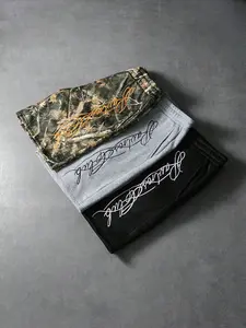 Men's 3-Pack Camouflage Embroidered Gym Shorts, American High Street Style Drawstring Waist Shorts with Multiple Pockets