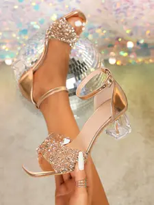 Women's Crystal High Heel Sparkly Sandals, Fashion Elegant Square Toe Transparent Chunky Heels, Sparkling Rhinestone Decor, Daily Wear & Special Occasions