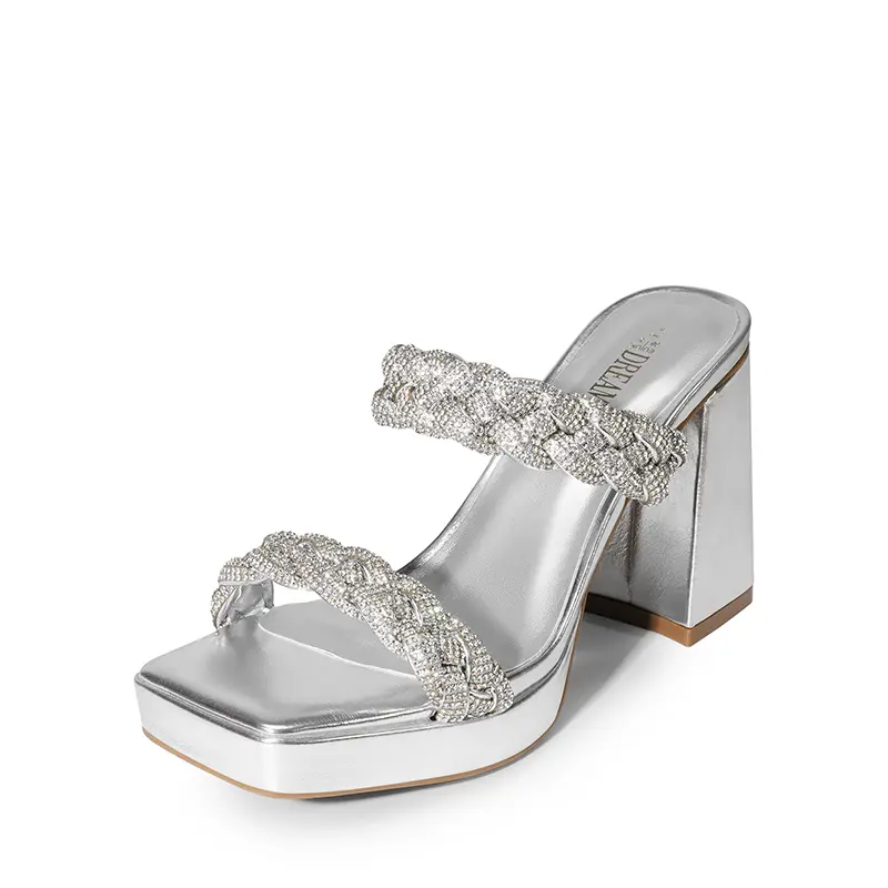 DREAM PAIRS Women's Chunky Sandals - Silver-Rhinestone Embellished, Braided Strap, Open Toe, Flare Block Heel Platform, Vegan Leather Footwear for Summer (Sandals for Women), Sandals Women