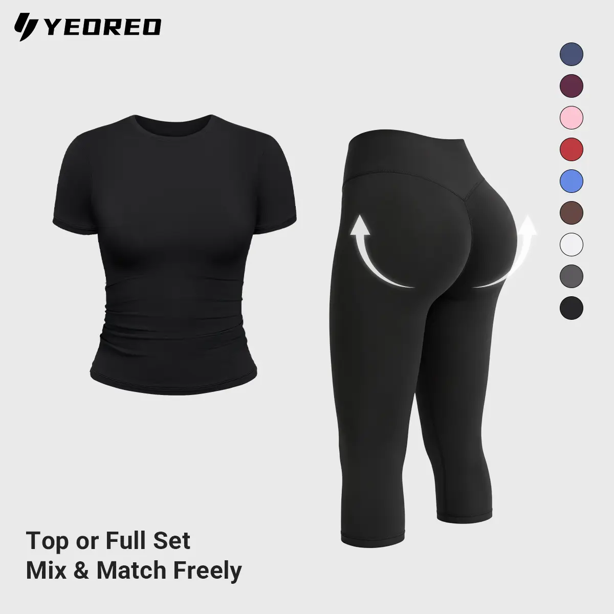 YEOREO Women's Sport Set Body-Shaping Scrunch Capri Leggings & Double Lined Crop Top High-Waisted No Front Seam Workout Outfit summerwins travel essentials camping essentials tiktokshopbacktoschool