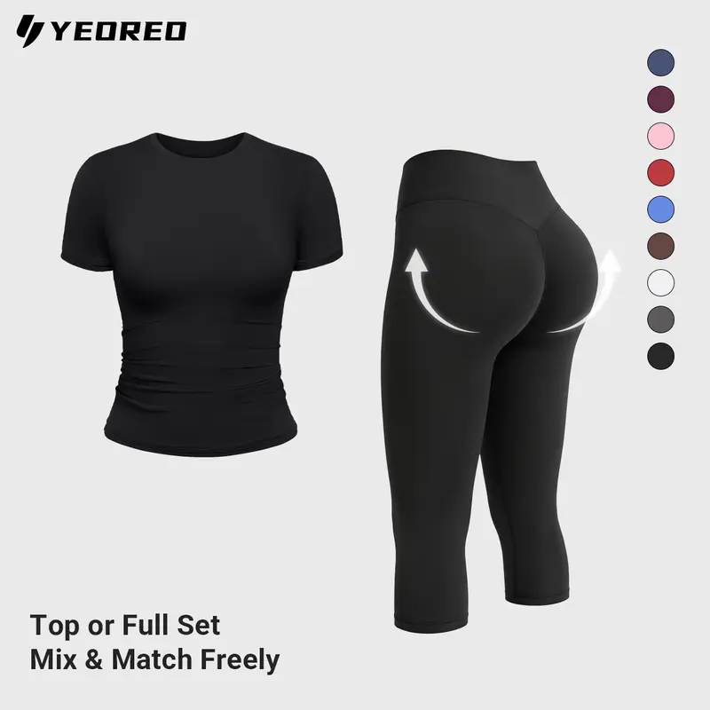 YEOREO Women's 2-Piece Fitted Activewear Set - High Waisted No Front Seam Body Shaping Scrunch Capris, Double Lined Crop Top, High Stretch Fitness Exercise Wear for Summer, Travel,outdoorfun