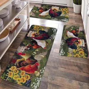2/3pcs kitchen anti-slip floor mat, sunflower rooster pattern rural style kitchen floor mat, flannel anti-slip kitchen floor mat, Floral print rug, suitable for kitchen, dining room