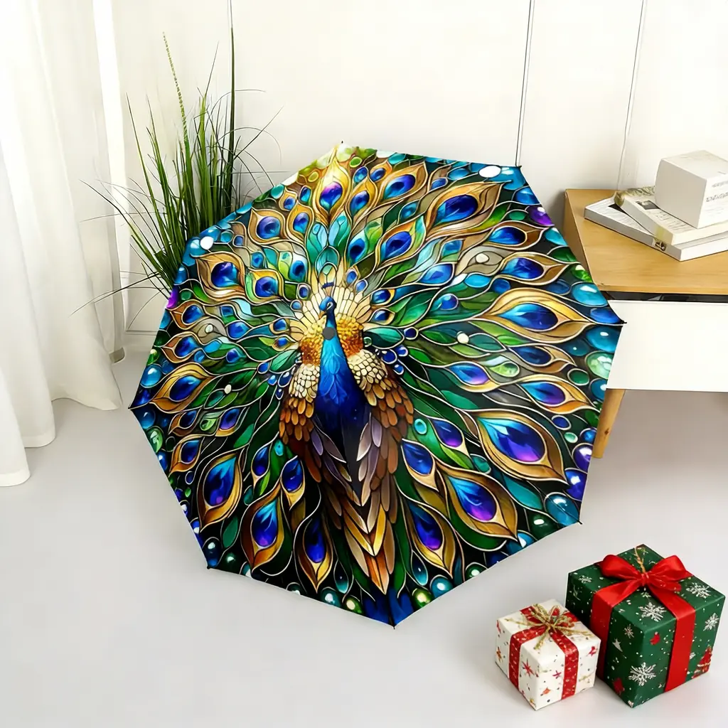 A colorful folding peacock umbrella, with vibrant feather colors, a portable and foldable design, a casual outdoor accessory suitable for all seasons, and the perfect gift for Christmas, Valentine's Day, birthdays, and other holidays.