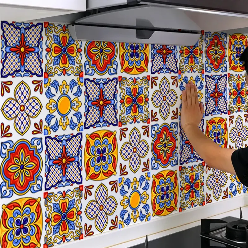 Bohemian Moroccan Red Blue Yellow Floral Flower Design Peel and Stick Removable Decorative Backsplash Stickers, Heat Resistant Waterproof Oilproof Contact Paper, Home Decor Kitchen Decor Sticker for Stove, Cabinets & Countertop 40×500cm 15.8×196.85in