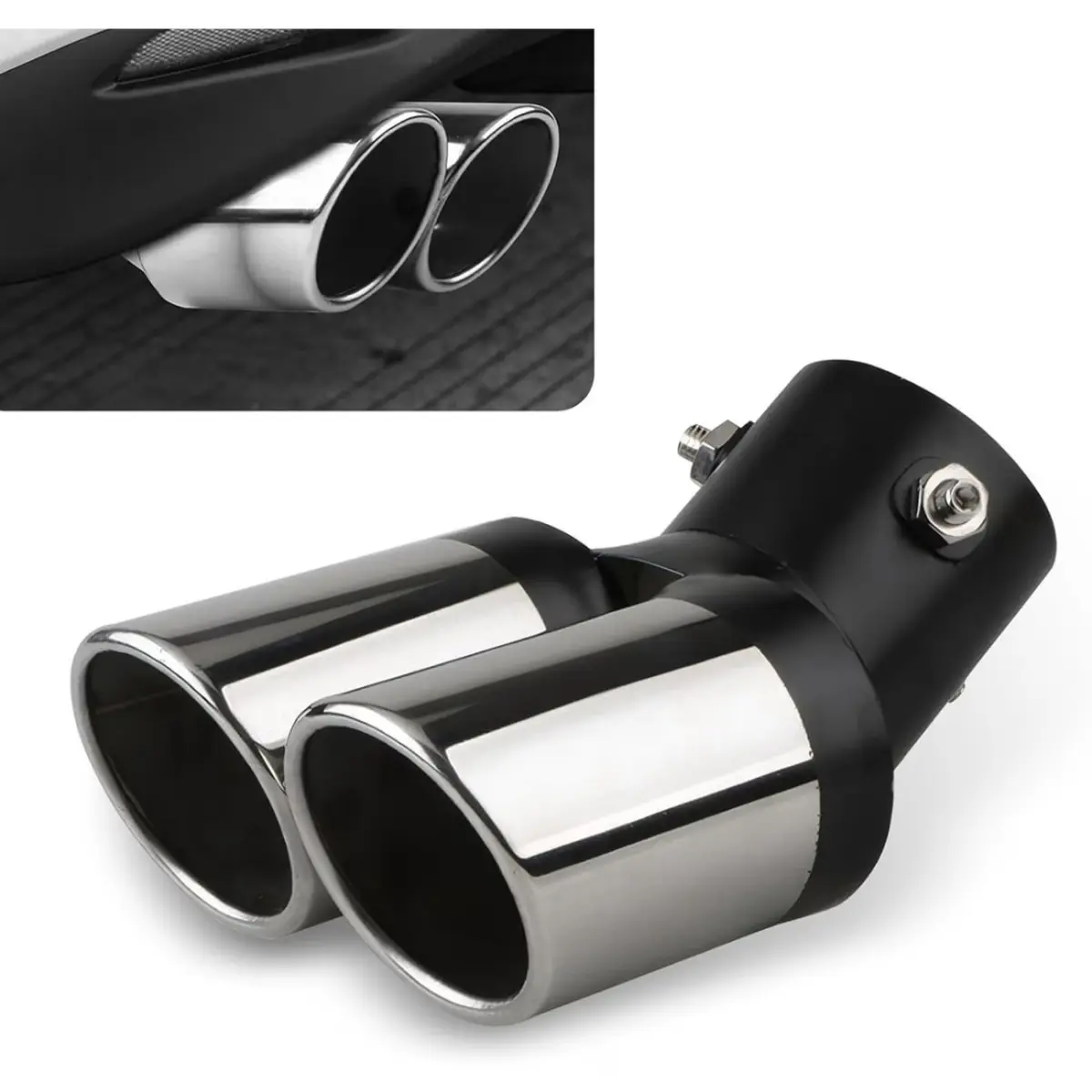 Stainless Steel Dual Exhaust Tip - Curved Bevel Mouth, Bolted Mount, Sound Outlet, Waterproof Durable Car Exterior Decoration & Modification Accessory (Silver & Black)