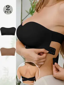 【Buy 1 Get 1 Free】Wireless Bandeau Bralette with Side Closure, Sexy Strapless Nylon Knit Fabric - Removable Padding, Cross Strap Detail, Solid Color Stretch Bandeau for Adults