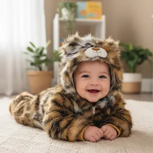 Infant Baby Boys Tiger Faux Fur Hooded Romper Plush Long Sleeve Onesie Bodysuit Zipper Jumpsuit 3D Bear Costume Snowsuit