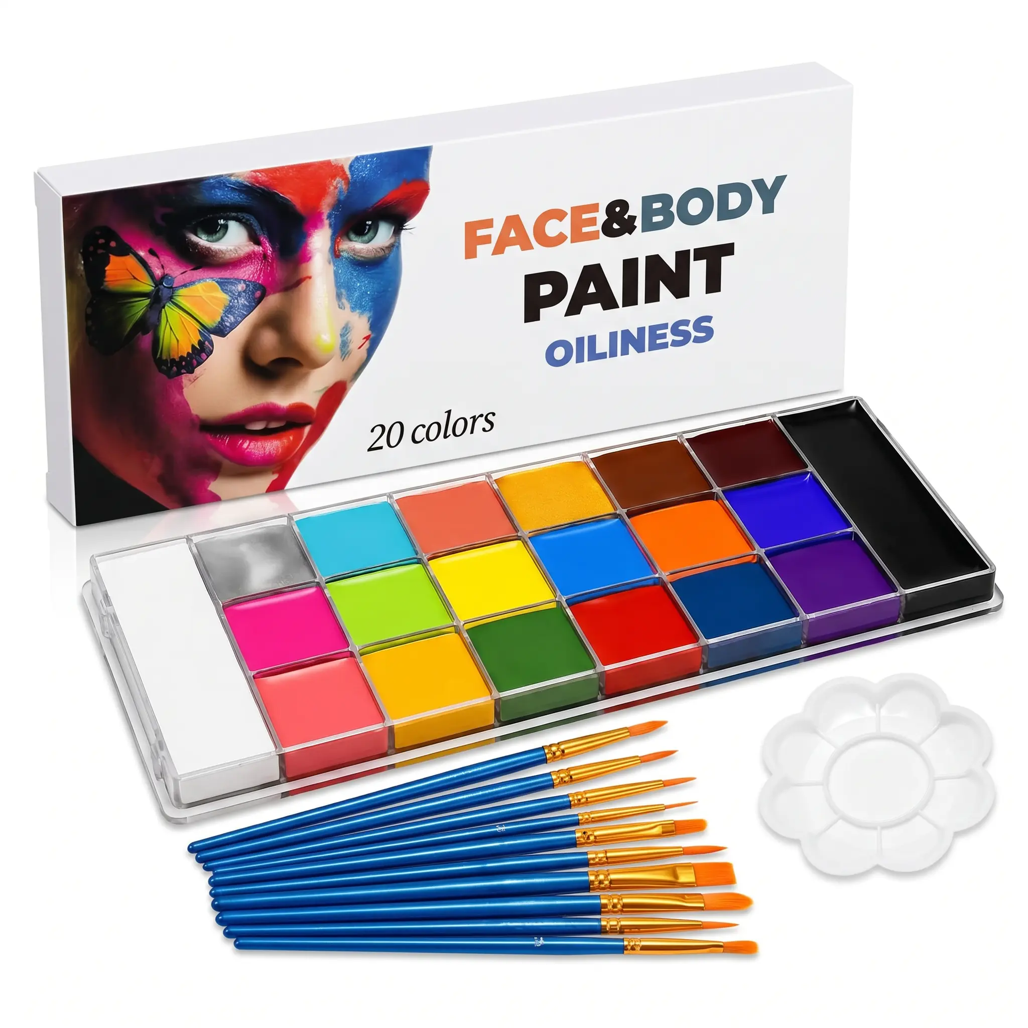 Cosmetics Makeup Waterproof 20-Color Oil Face Paints Kit, 10 Professional Artist Brushes, Large Deep Pan, Setting & Full Coverage for Halloween, Cosplay