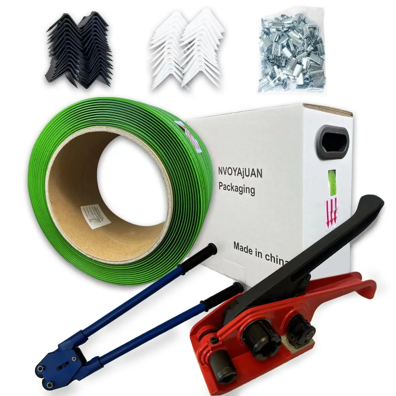 Industrial & Scientific Polyester PET Banding Strapping Kit - 5/8" x 1000 ft Green Band, 200 Metal Seals, 200 Plastic Edge Protectors, Tensioner & Sealer Tool for Pallet Box Packaging, Handheld