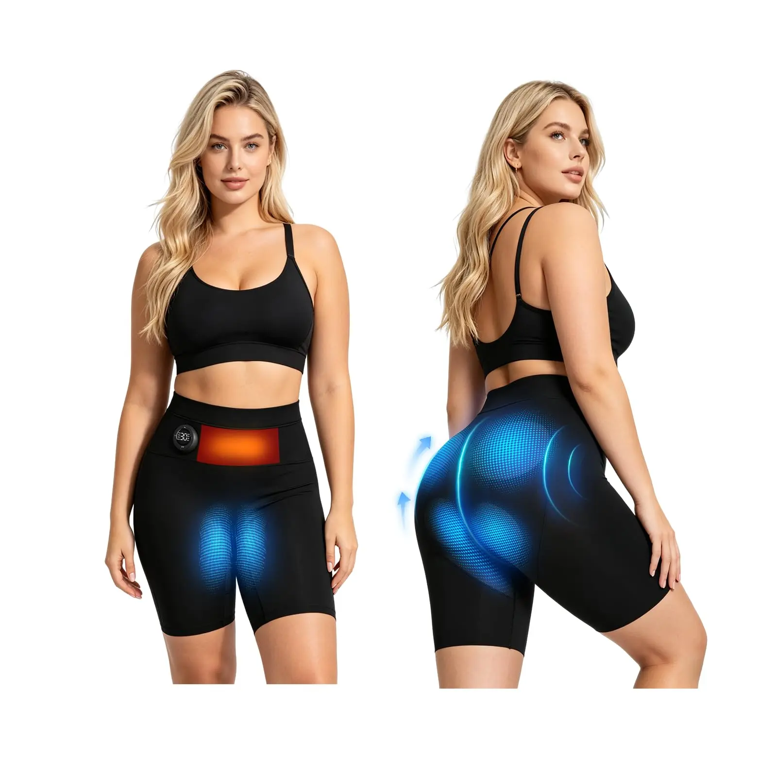 Women’s Smart Massage Shorts, High Waist Compression Shorts with 8 Modes, 30 Intensity Levels & 3-Level Abdominal Heating, Rechargeable Controller, Black