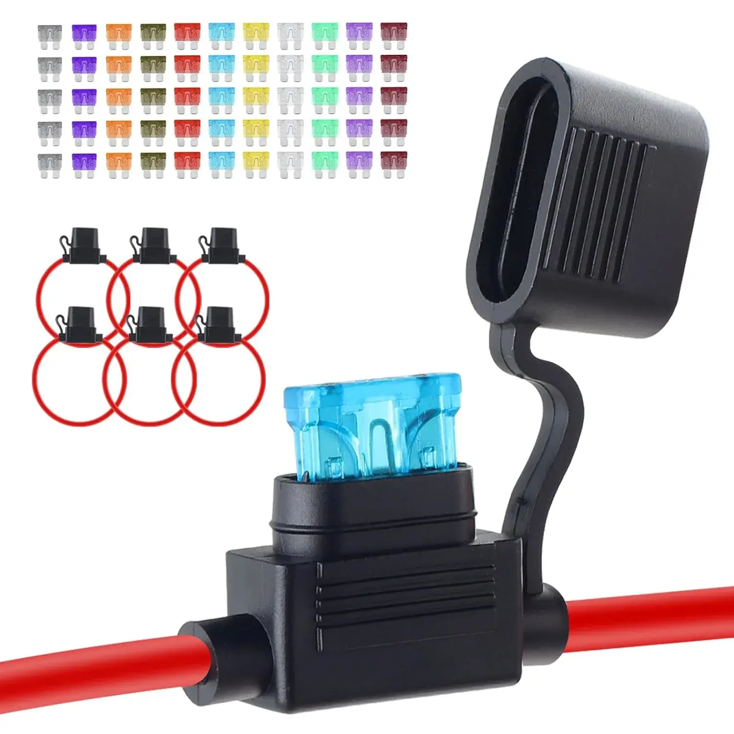 6 Pack Inline Fuse Holder 12V, Upgraded 12 AWG Waterproof Fuse Holder with 66 Pcs Standard Car Fuses (2A/3A/5A/7.5A/10A/15A/20A/25A/30A/35A/40A), in Line Fuses Holders 12v for Marine Auto