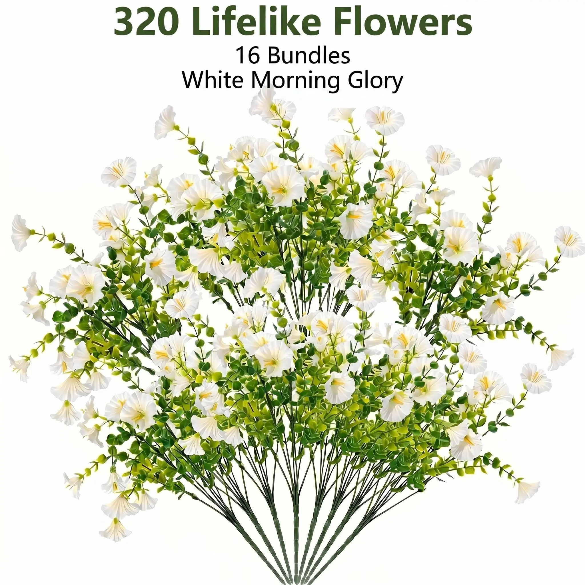 16 Bundles White Artificial Morning Glory Flowers, 320 Blooms UV Resistant Faux Flowers for Outdoor Porch, Patio, Window Box and Garden Decor