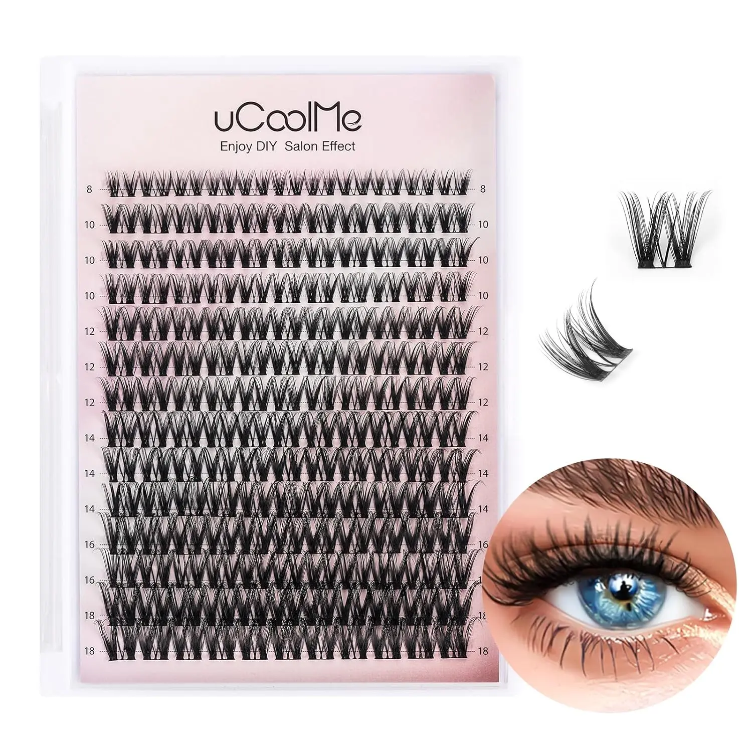 uCoolMe 8-18mm Light-Volume Wispy Eyelash Clusters D Curl - WideSpan DIY Eyelash Extension Spiky Cat Eye Lashes Individual Fake Eyelashes Clusters with 0.05mm Ultra-Thin Black Band