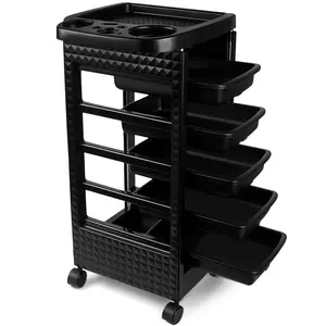 Salon Trolley Cart with Wheels and 5 Drawers, Salon Rolling Cart for Extra Hairdresser Storage, Hair Salon Equipment for Salon Station，Tool Free Rolling Salon Cart Salon Stations for Hair Stylist, Hairdressing, Beauty, Tattoo (Black)