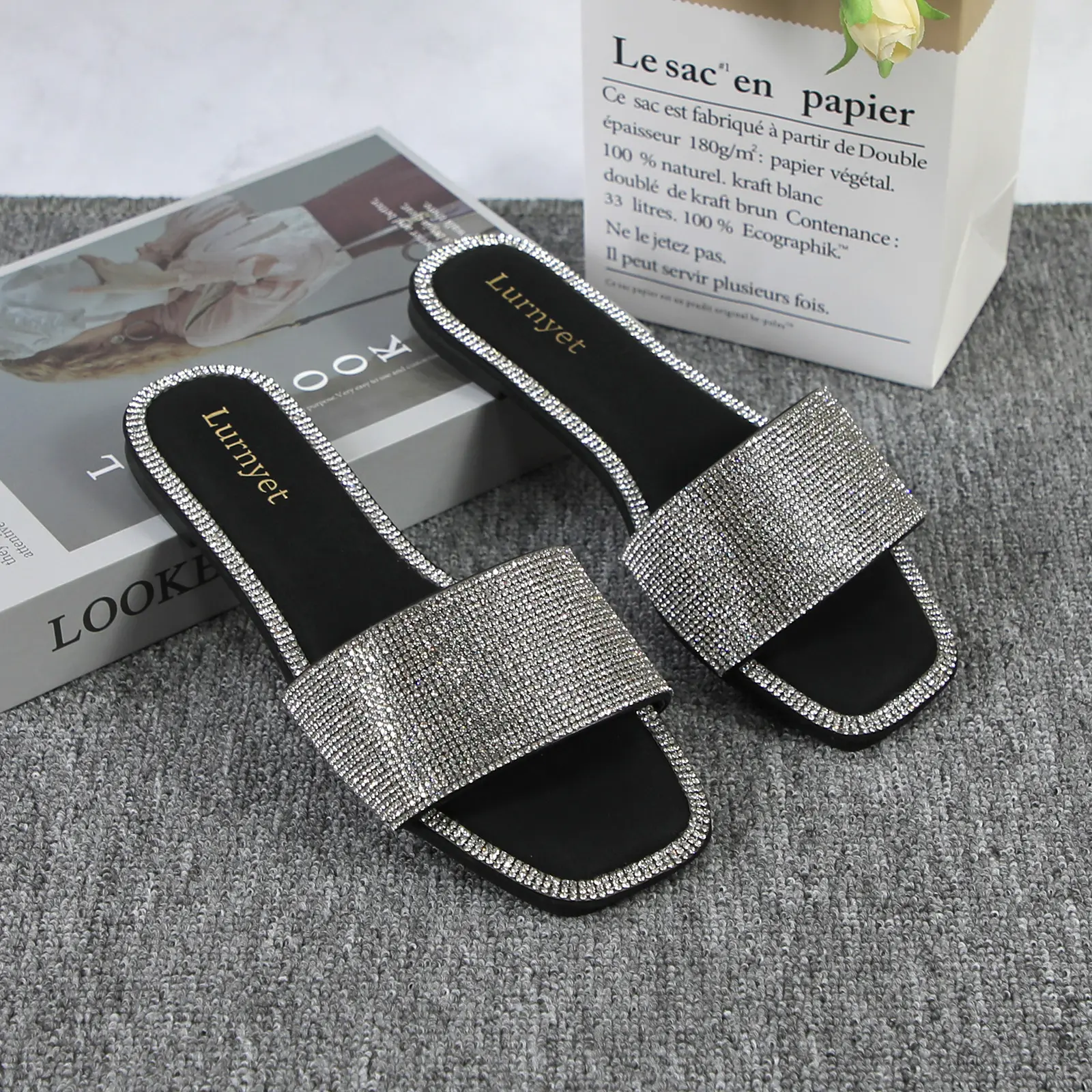 Women's Rhinestone Sandals, Elegant Square Toe Slip On Flats, Breathable Wide Casual Walking Shoes for Summer with a Non-Slip TPR Sole, Elegant Open Toe