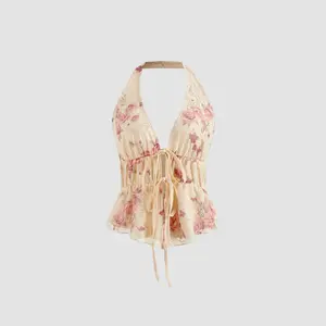 Cider [2 colors, size 0-10] Halter Neckline Floral Knotted Tank Top SummerWins