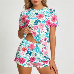 Women's 2-Piece Comfy Loose Floral Print Pajama Set - Short-Sleeve Crew Neck Polyester Soft Knit Top, Elastic Waist Pants, Stylish Minimalist Fit All-Seasons Casual Sleepwear & Loungewear