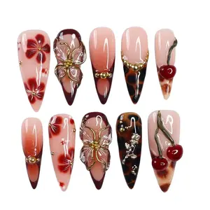 NAILCO 10-Piece Handmade Hand-Painted Acrylic Press-On Nails, Medium Stiletto Size, Multicolor Glossy Floral Design, Reusable DIY Nail Art Kit with Gift Box for Festivals, Parties