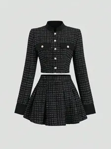 ✨ Chic Tweed Long Sleeve Top And Pleated Skirt Set, Classic Vintage Style For Women.