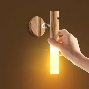 USB Rechargeable LED Night Light, Magnetic Wall Light, Motion-Sensor Night Light, Wireless Stair Light, Indoor Wooden Wall Light for Hallway Stairs