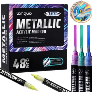 Acrylic Paint Metallic Markers, Automatic ink control Dual Tip (Brush & Fine)for Black Paper & Rock Painting Metallic Acrylic Paint Markers for DIY Crafts, Scrapbooking, Glass, Wood, Drawing Markers, Waterproof Brush Markers, Permanent Drawing Markers