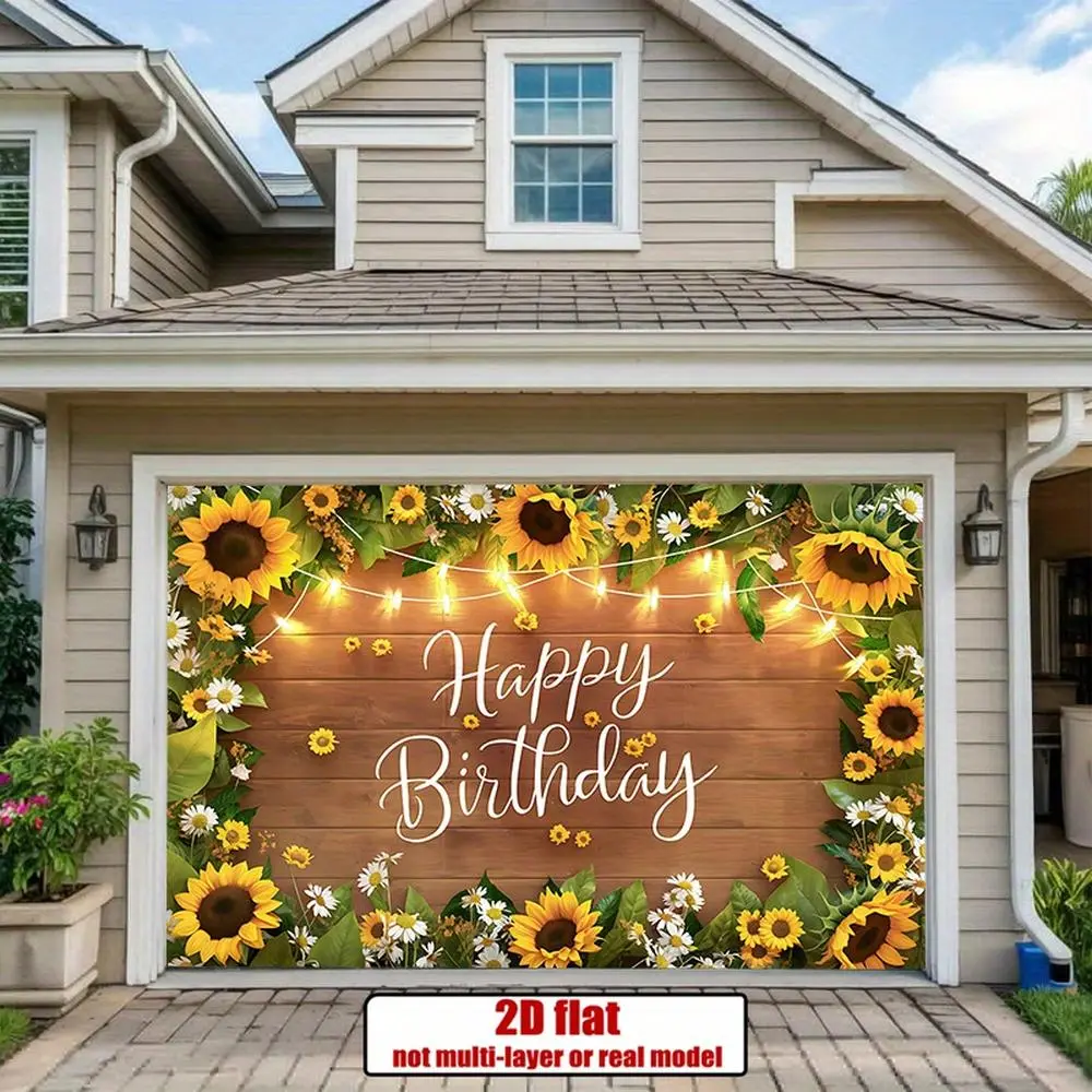 1PC Happy Birthday 2D Flat Sunflower Theme Door Banner, Reusable Polyester, Wooden-Textured Background, Light-Effect Decor, Festive Home Hanging Decoration for Outdoor Garage Door Wall