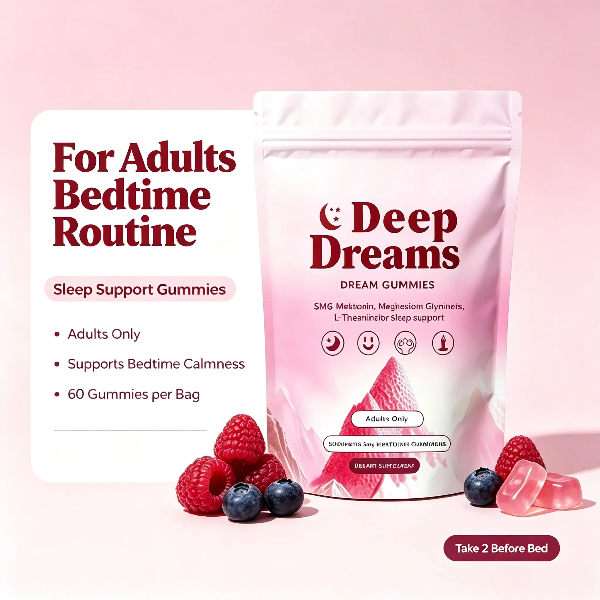 Deep Dreams Dream Gummies Melatonin L-Theanine Blend Dietary Supplement, Supports Healthy Sleep Cycle & Night Relaxation for Adults
